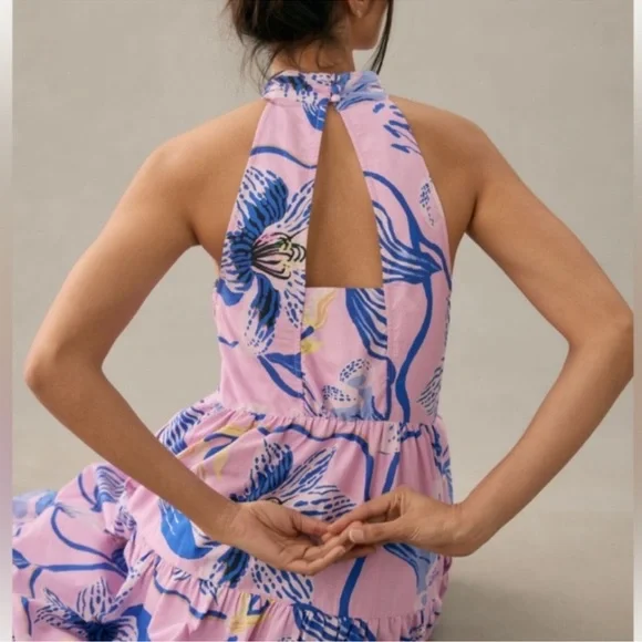 Anthro x Sarah Gordon tiered halter midi dress in lavender lilac blue floral - Picture 5 of 11